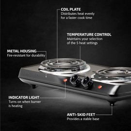 OVENTE Electric Countertop Double Burner, 1700W Cooktop with 6" and 5.75" Stainless Steel Coil Hot Plates, 5 Level Temperature Control, Indicator Lights and Easy to Clean Cooking Stove, Black BGC102B