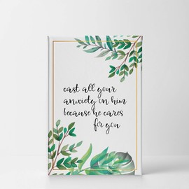 Smile Art Design Cast All Your Anxiety On Him Because He Cares for You Quote Hand Lettering Scripture Wall Art Bible Verse Canvas Print Home Decor Ready to Hang Made in The USA- 12x8
