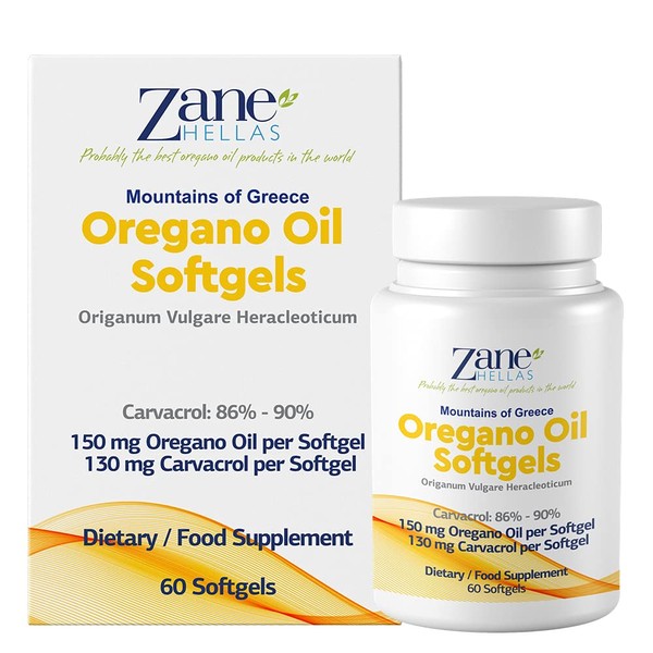 Zane Hellas Oregano Oil Capsules - The Highest Concentration in the World - 150 mg Oregano Essential Oil - 130 mg Carvacrol Per Capsule - 60 Count - Immune and Gut Support