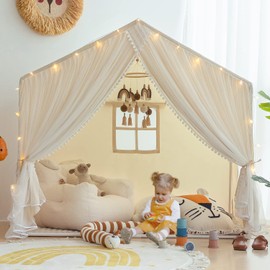 Kids Play Tent with Padded Mat, Kids Tents Large Princess Castle Pompoms Play House Indoor Playhouse Tent for Girl Bed Tents