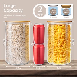 HomArtist Extra Large Glass Flour and Sugar Storage Containers with Airtight Lids,132 floz x2 [Set of 2] Big Glass Jars with Bamboo Lids, Air Tight Food Storage Jars for Cereal, Pasta, Rice, Coffee