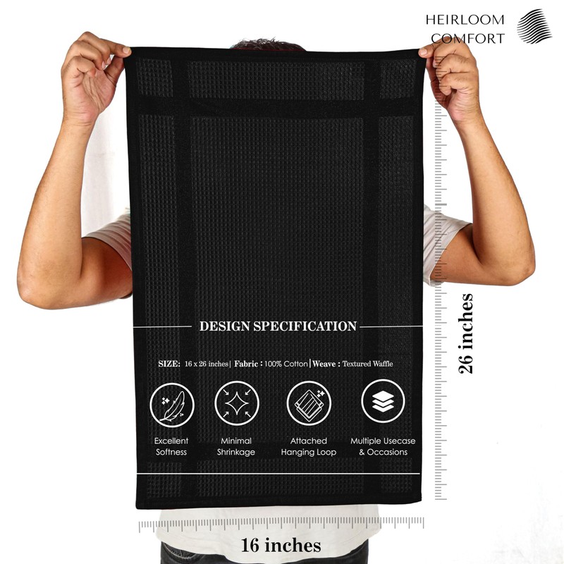 HEIRLOOM COMFORT 5 Pack Black Waffle Weave Kitchen Towels, 16x26