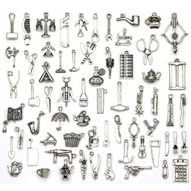 65 Pcs Wholesale Life Tools Theme Bulk Lots Silver Charms Mixed Smooth Tibetan Silver Plated Silver Metal Charms Pendants DIY for Necklace Bracelet Jewelry Making and Crafting