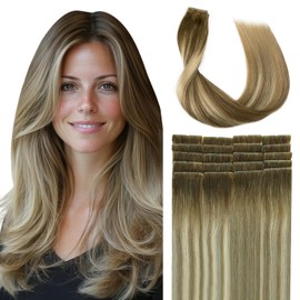 SURNEL Injected Tape in Hair Extensions 20 Inch Fading to Highlight Blonde Natural Real Hair Extension Upgraded Seamless Remy Invisible Skin Weft Straight 20 Pcs 45g(#3822-20)