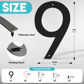 16 Inch Large Modern House Numbers for Outside, Big Address Numbers for House, Extra Large Floating House Numbers, Large Outdoor House Numbers, Matte Black Steel 16'' Address Number 9 (0123456789)