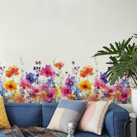 Runtoo Watercolor Flower Wall Corner Stickers Floral Garden Baseboard Skirting Line Wall Decals for Bedroom Nursery Classroom Home Decor (W:40 inches)