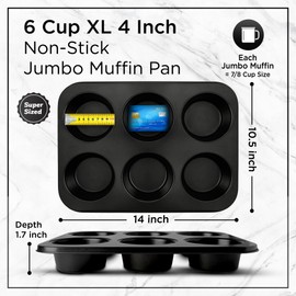 Wrenbury Jumbo Muffin Pan 6 Cup - Nonstick XL Deep Muffin Pan for Baking 3.75" Cup - Oversized Extra Large Cupcake Mold - Dishwasher Safe - PTFE Free - 446°F Oven Safe