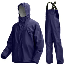 Men's PRO Workwear 3-Piece Waterproof Rain Jacket & Bib Pants Set - Heavy Duty PU Eco-Friendly 2-Tone Functional Design (Midnight Blue,Large)
