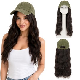 Hat Wigs, Hat with Hair Attached for Women Green 18" #04 Black Brown