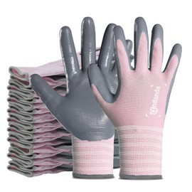 ANDANDA 12 Pairs Work Gloves, Smart Touch, 21D Comfort Stretch Fit, Nitrile Coated Work Gloves with Grip, Seamless Knit Nylon Work Gloves Men Suitable for General Work,Pink(S)