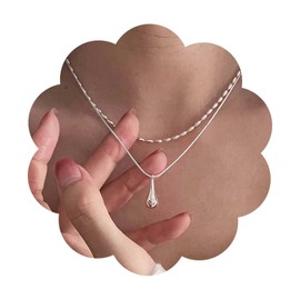 Allereya Boho Layered Teardrop Necklace Water Drop Choker Necklace Silver Rice Bead Necklace Teardrop Pendent Necklace Raindrop Chain Necklace Teardrop Urn Necklace Jewelry for Women