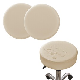 Round Cover with Elastic for Cushion Barstool, Waterproof Leather Slipcovers, Dia 13-14", Set of Foam Padded Seat Cushions for Vanity Chairs Indoors & Outdoors (High: 3-4") (White, 2PCS)