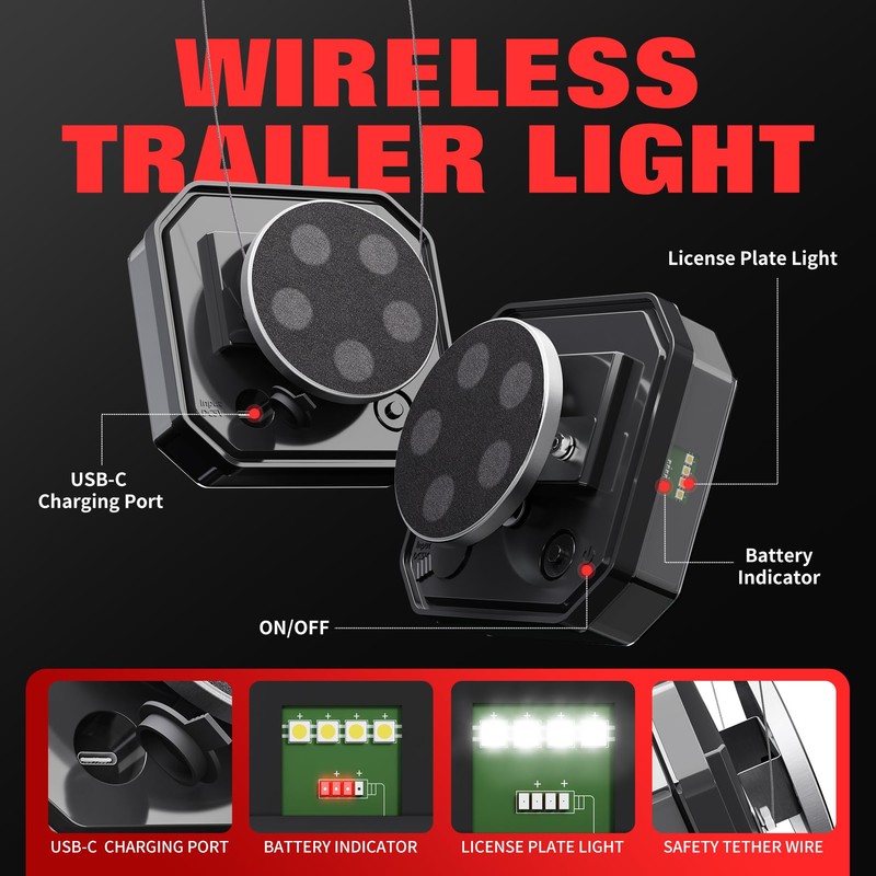 OUTPHORCE Magnetic Wireless Trailer Lights, 2.4GHz Rechargeable LED Trailer Lights