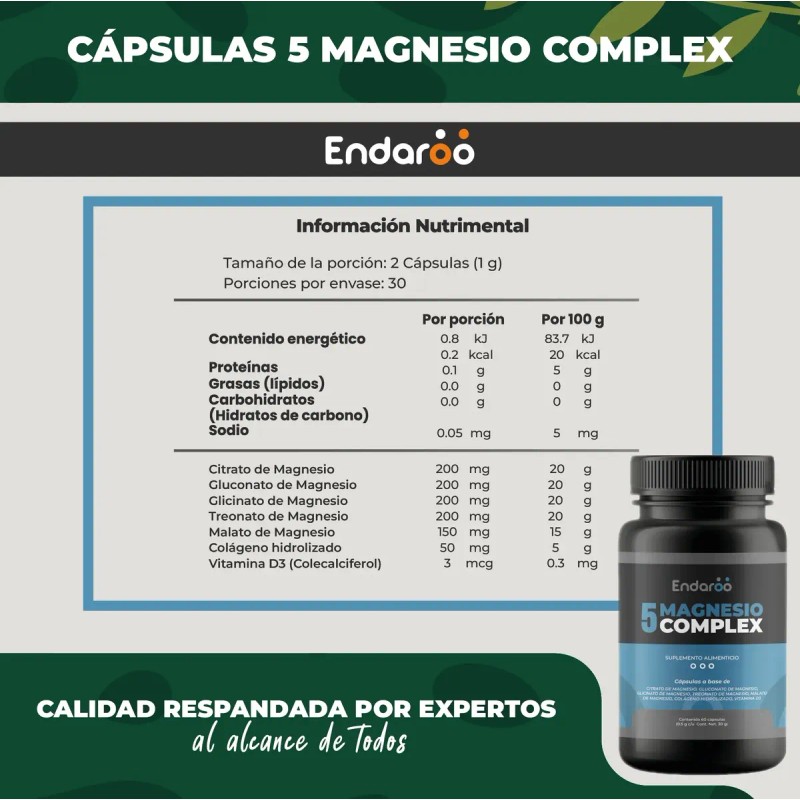 5 Magnesios: Citrato, Treonato, Malato,glicinato 60 Cáps