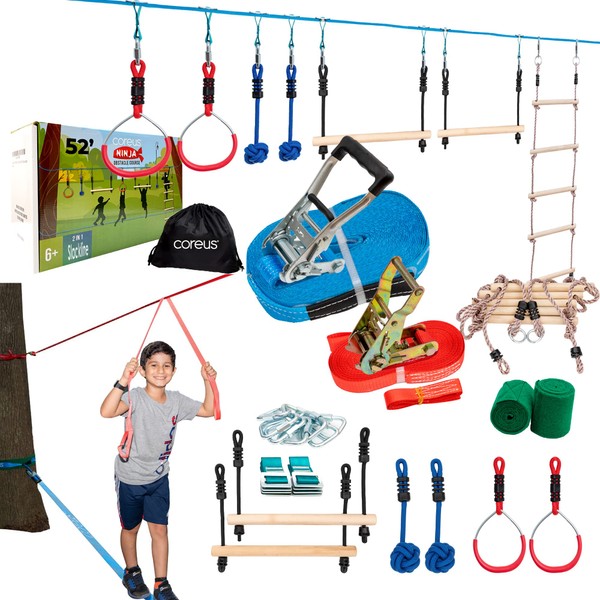 Ninja Warrior Obstacle Course for Kids 2X50FT 2 in1 Double Line and Slackline Training Accessories Balance Arm Trainer Monkey Bars Gym Rings Ladder