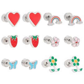 ANATTASOUL 6 Pairs CZ Stud Earrings for Girls and Women, Chip Stainless Steel Stud Earrings, Resin, Rainbow Flower, Heart, Butterfly Shape, Flat Back, Colorful Cartilage Earrings for Wedding,