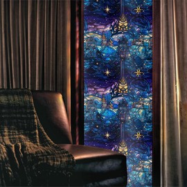 Golden Blue Purple Ice Winter Castle Fantasy Stained Glass Window Films Decorative Double-Side Privacy Film Self-Adhesive Static Clings for Living Room Bathroom Glass Windows Decor