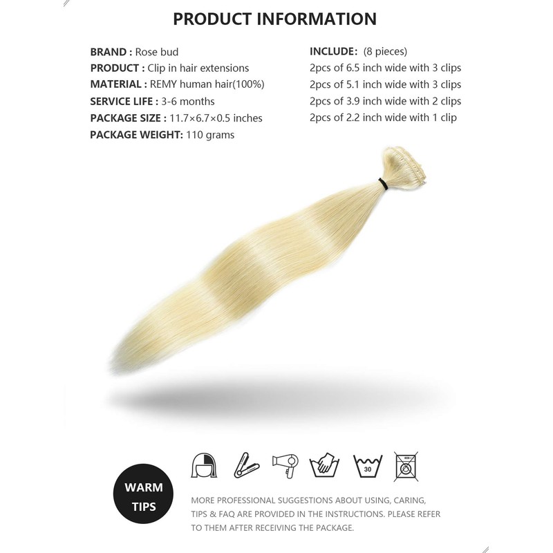 Rose bud Human Hair Extensions Clip in Real Hair 8Pcs