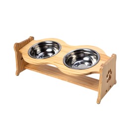 Creative Hobbies Raised Pet Bowls for Cats and Dogs - Bamboo Adjustable Elevated Stand with 2 Stainless Steel Bowls | Anti-Slip Grip, 4 Inches Tall
