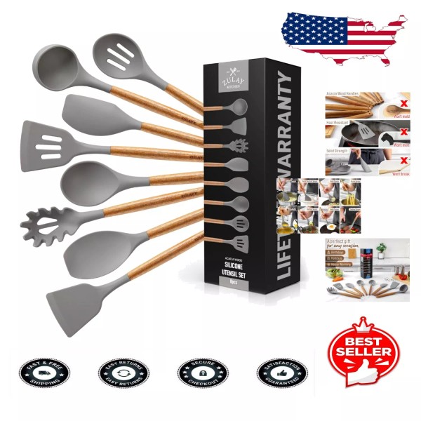 Unbranded Elegantly Designed Silicone Cooking Utensils with Acacia Wood -