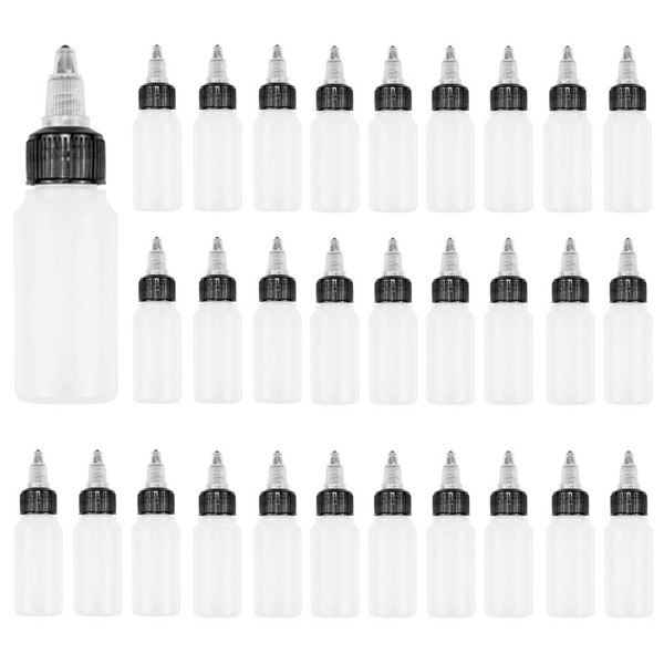 Baaxxango 30 Pack Dispensing Bottles with Twist Top Cap,Boston Round LDPE Plastic Squeeze Bottle,Empty Tattoo Ink Bottles (1oz/30ml)