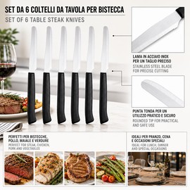 IPEA Coltelli da Tavola per Bistecca e Carne punta Tonda- Set da 6 - Coltello Affilati con Lama in Acciaio Inox per Tagliare Carne e Alimenti a Pranzo e Cena - Posate - Coltelli per Casa e Cucina