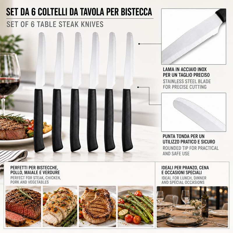 IPEA Coltelli da Tavola per Bistecca e Carne punta Tonda-