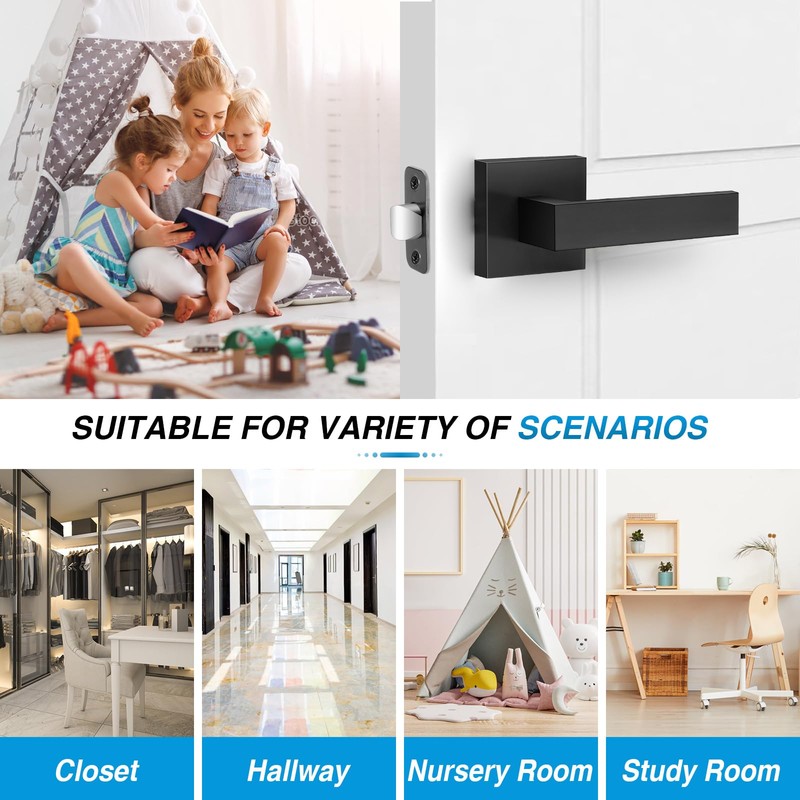 Plustool 6 Pack Matte Black Door Handles, Passage Door Levers
