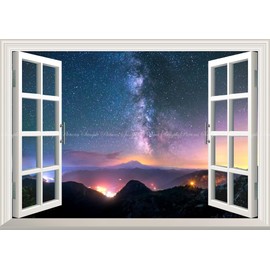 Painting Style Wallpaper Poster (Removable Sticker) -Window Scenery - Milky Way Galaxy and Mountain Foot Night View Milky Way Star Celestial Galaxy Mystery [Window Specifications/Trick Art] Caracro