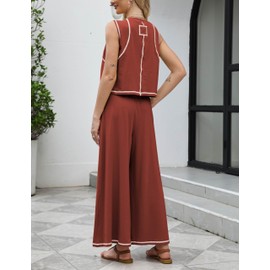 Ynhonra Women’s 2 Piece Lounge Set – Relaxed Tank Top & Wide Leg Pants with Contrast Stitching Y2K Outfits(Rust-S)