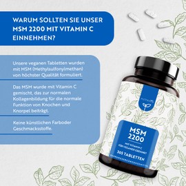 MSM Tablets - High Dose with 2200 mg MSM & Vitamin C - 365 Tablets - Price Performance Winner '21* - More Compact MSM Powder than Capsules - Vegan - Laboratory Tested - No Additives - MSM Capsules