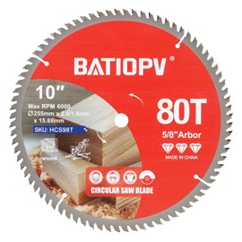 BATIOPV 10 Inch Circular Saw Blade, 80T – Carbide-Tipped for Ultra-Fine Wood Cutting – Compatible with Miter & Table Saws – Works with Dewalt, Makita, Bosch
