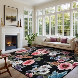 Comeet Floral Washable 3x5 Low Pile Rug Bedroom Area Rug, Boho Medium Non Slip Soft Rug for Dining Room, Indoor Carpet Stain Resistan Throw Rugs for Kids Girls Living Room Black