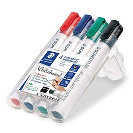 Staedtler Lumocolor marcador para pizarrón blanca, punta biselada, caja de 4 colores surtidos (rojo, azul, verde, negro), 351 WP4