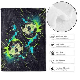 MIEPOS Neon Soccer Sport Throw Blanket, 50x60in, Soft, Lightweight Flannel,Cool Black Background with Electric Green and Blue Grunge Balls Blankets, Gifts for Boys Teens, for Home Living Room Decor