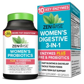 Zenwise Health 3-in-1 Womens Probiotic Supplement for Digestive, Gut Flora & Vaginal Health - Daily Probiotics & Prebiotics for Women with Digestive Enzymes Supports Bloating & Gas Relief - 60 Count
