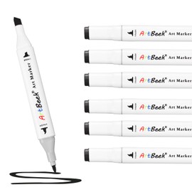 ArtBeek 6pcs Black Brush Tip Alcohol Markers Set, Dual Tips Art Markers Drawing Sketched Double Tipped for Beginner Adults(Black)