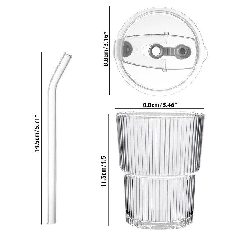 13oz/400ML Glass Tumbler with Straw and Lid Ribbed Vertical Ice