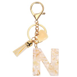 [PATIKIL] Alphabet Initial Letter Key Chain Resin Cute Keychain Tassel Heart Letter N Pendant Decoration Women Keeper Handbag Backpack Bag Accessories Beige