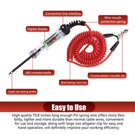 Eratus 1 PC Car 190 mm 3V/6V/12V/24V LED Light Circuit Tester with 60-180 cm Telescopic Spring Wire, Multi-Function Waterproof Digital Circuit Tester with LCD Display, for Most Car Models (Red)