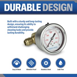 ESSENTIAL WASHER Pressure Washer Gauge 5800 PSI Back Mount with 3/8 Inch Quick Connect and Plug