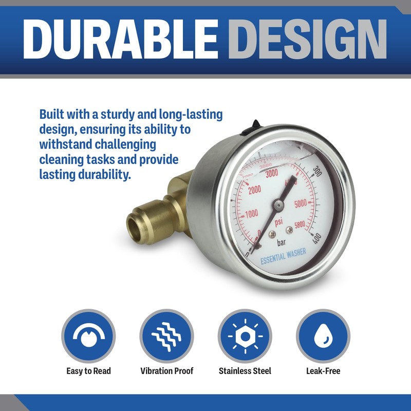 ESSENTIAL WASHER Pressure Washer Gauge 5800 PSI Back Mount with