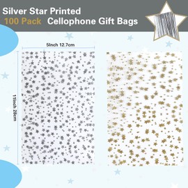 COQOFA 100 Pcs Star Printed 5"X 11" Gift Wrap Cello Cellophane Treat Bags Party Favor bags Clear Candy Cookie Bags Plastic Poly Goodie Storage Bags with Twist Ties for Bakery,Birthday, Wedding ,Party Decorations (Silver)