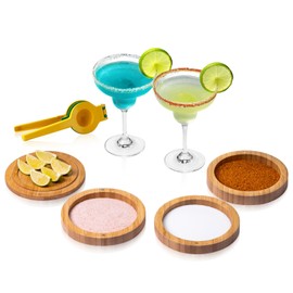 USEEKRIL 3-Tier Bamboo Margraita Salt Rimmer Set with 2 Glass&Lemon Squeezer,Margraita Kit Gift Set,Salt&Sugar Rimmer for Drinks,Glass Rimmer Tools with Magnetic Swivel Lid for Bartenders,Parties