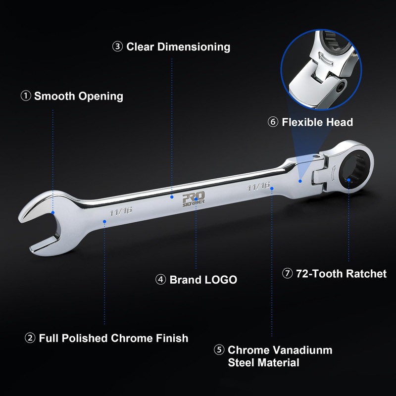Prostormer 14-Piece SAE Flex-Head Ratcheting Wrench Set, 1/4" to 1"