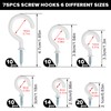 FINEASY Pack of 75 Screw Hooks, White, 6 Sizes, Ceiling