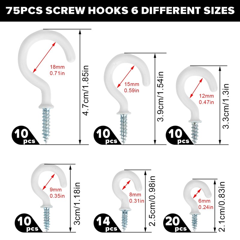 FINEASY Pack of 75 Screw Hooks, White, 6 Sizes, Ceiling