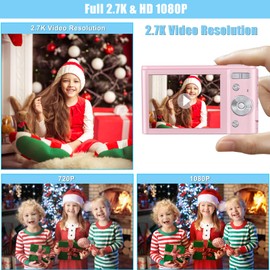 AiTechny Digital Camera 2.7K Vlogging Camcorder 44MP Kids Camera, 16X Zoom Digital Point and Shoot Cameras, Compact Camera, Rechargeable Mini Camera for Kids Beginners, Birthday Gifts (Pink)