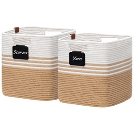 UBBCARE 13 Inch Cube Storage Bins with Clips Labels, Shelf Storage Baskets for Cube Storage Organizer/Bookshelf/Closet, 2-Pack, White&Khaki