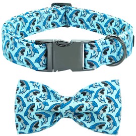 Bobo Rainbow Dog Collar-Shark Print Dog Collar Adjustable Cute Pet Collar Soft Blue Dog Collar with Bow Tie Durable Dog Collar Cotton Puppy Collar Metal Buckle Collar Gift for X-Large Dogs